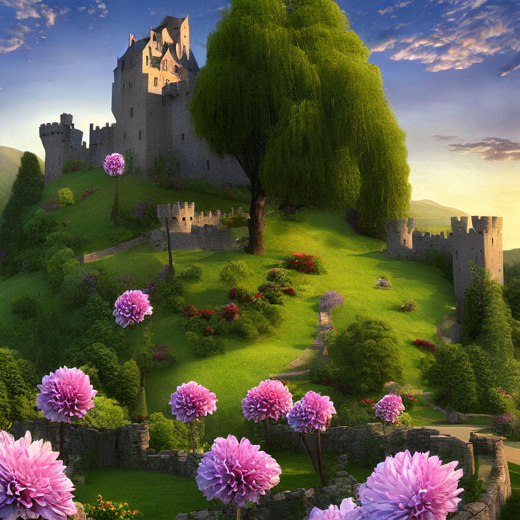 Medieval castle on green hill with blooming flowers and majestic tree