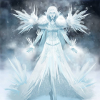 Surreal image of woman with icy butterfly wings in snowy landscape