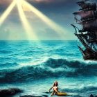 Mermaid on rocks with pirate ship in dramatic seas