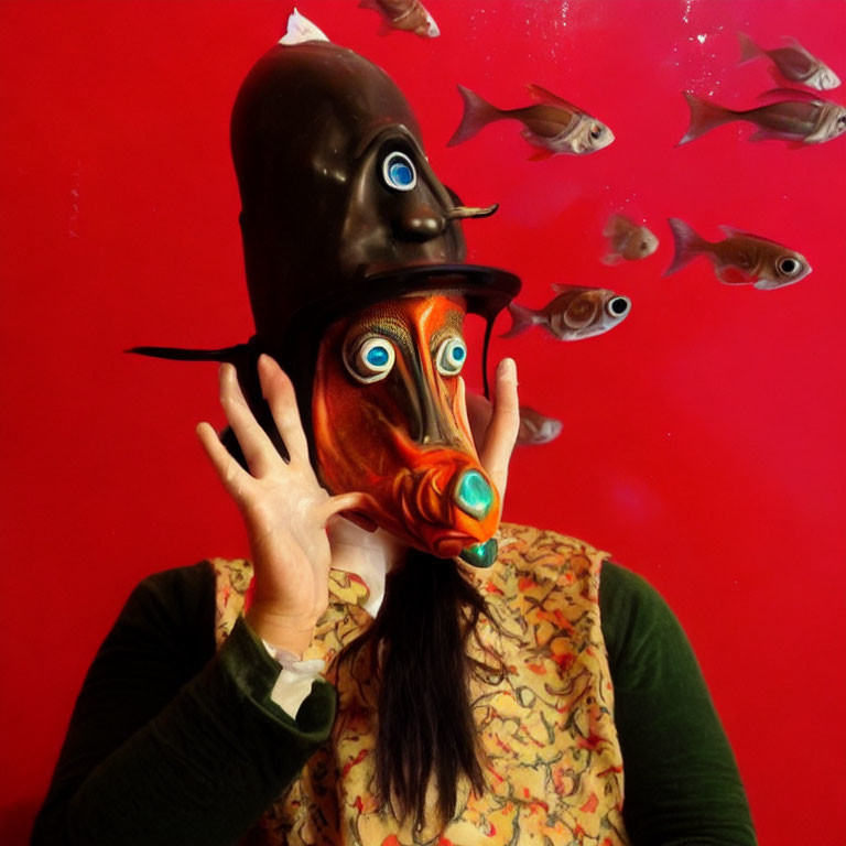 Person in Elongated Nose Mask and Goggles with Fish on Red Background