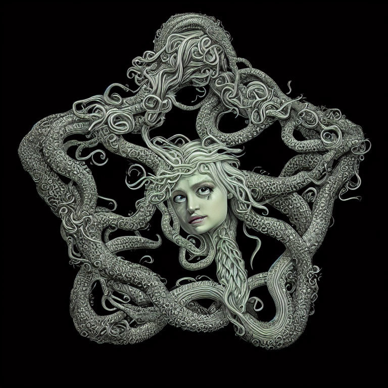 Stylized illustration of woman's face with intertwining snakes on black background