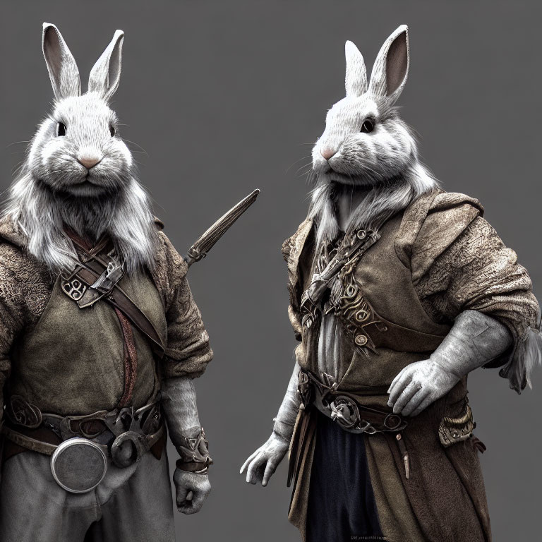 Medieval-themed anthropomorphic rabbits with sword in hand on grey background