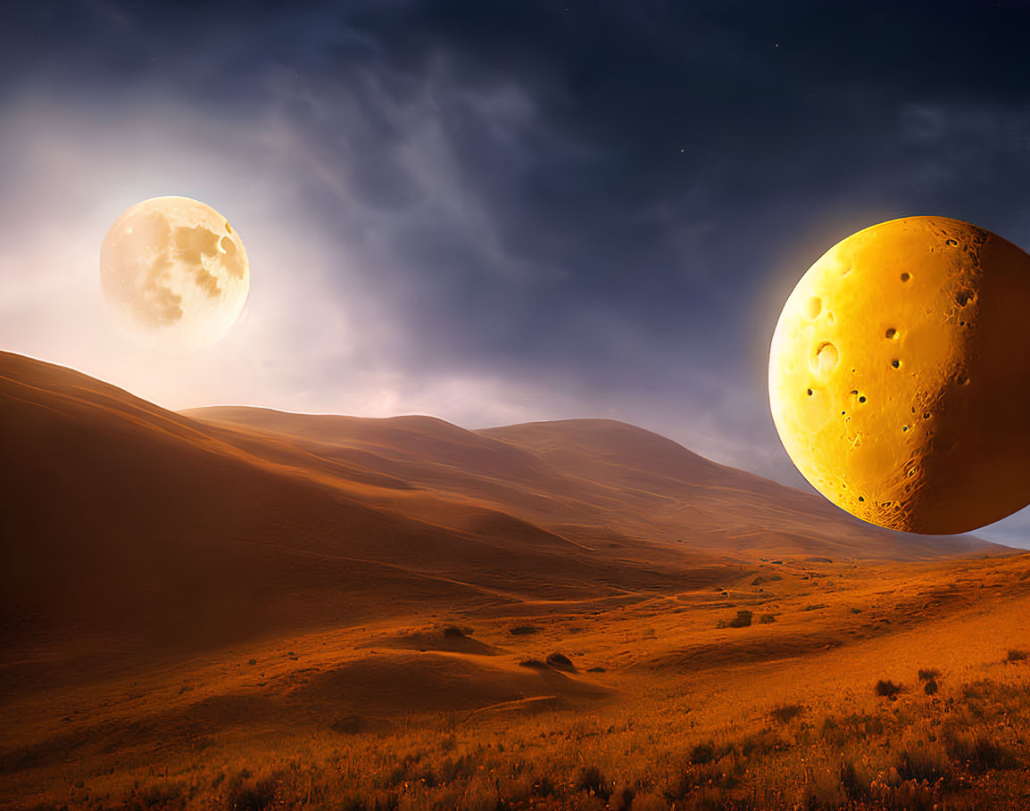 Moonlit surreal landscape with celestial body, rolling hills, and warm lighting