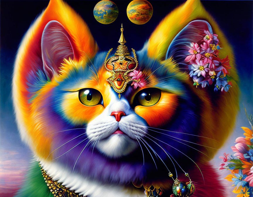 Colorful Cat with Expressive Eyes in Traditional Jewelry and Floral Planetary Background