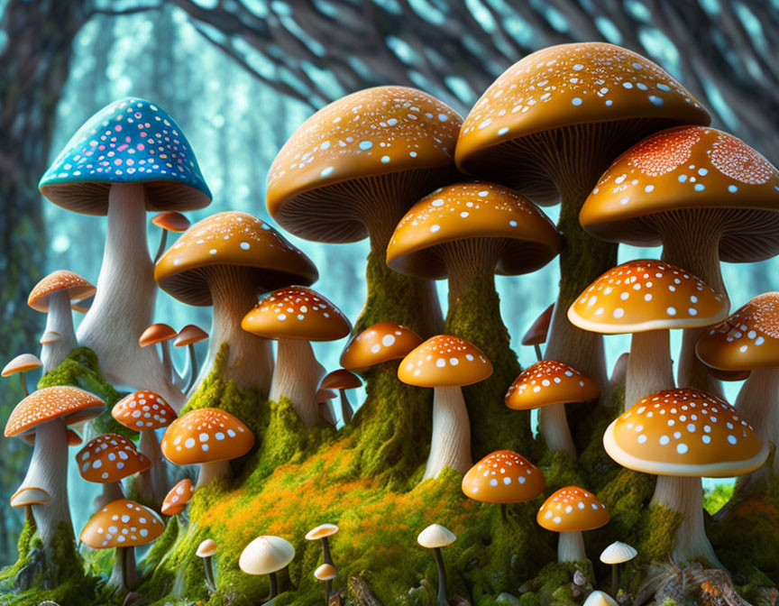 Whimsical oversized mushrooms in enchanted forest among moss-covered trees