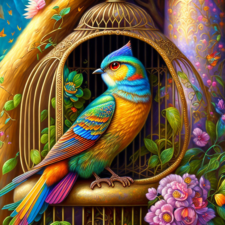 Colorful bird illustration perched near open cage in lush, fantastical flora