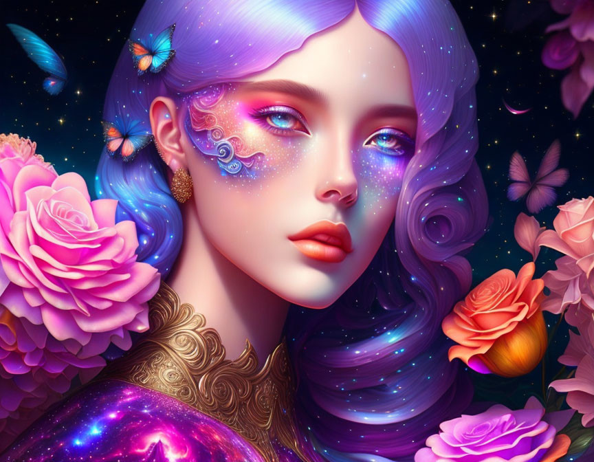 Vibrant digital portrait of woman with purple hair and cosmic makeup