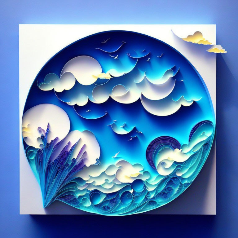 Layered Paper Art: Blue Ocean Waves in Circular Frame