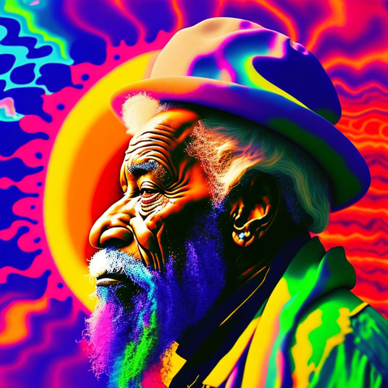 Colorful digital portrait of elderly man with beard and hat on psychedelic background.