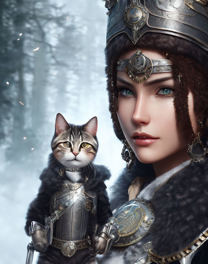 Female warrior and cat in matching armor in wintry forest setting