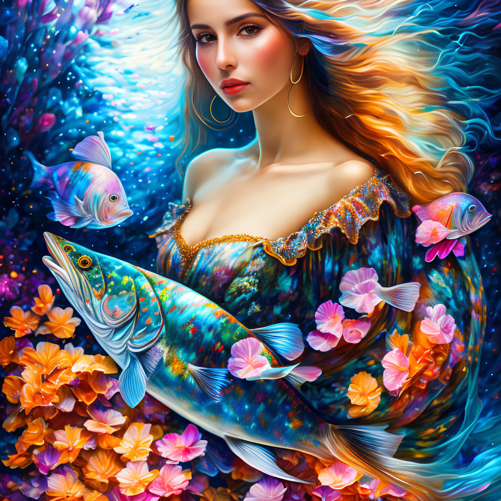 Colorful Woman with Flowing Hair Surrounded by Fish and Flowers