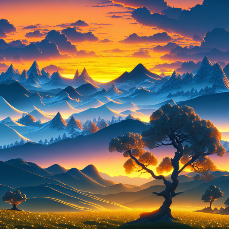 Surreal digital artwork of glowing landscape with mountains