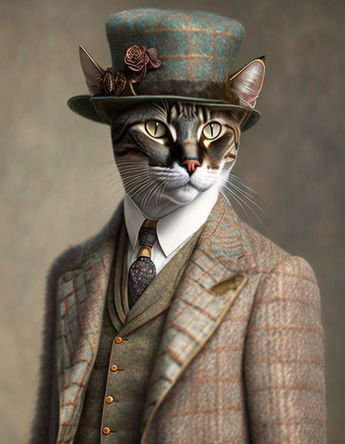 Cat in tweed suit with matching hat, tie, and brooch