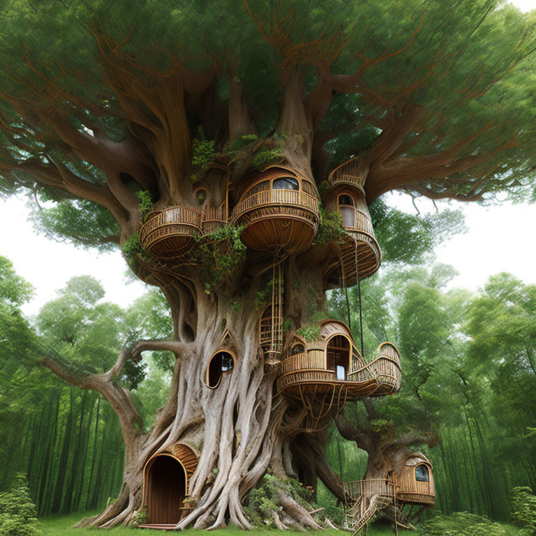 Enchanting treehouse with wooden cabins in ancient tree forest