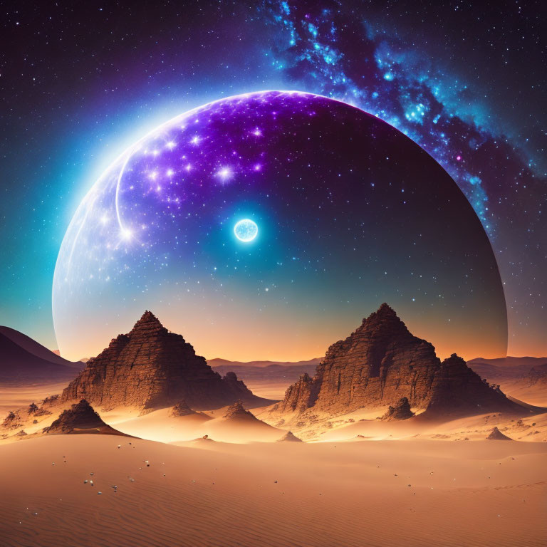 Vividly colored planet in surreal desert night scene