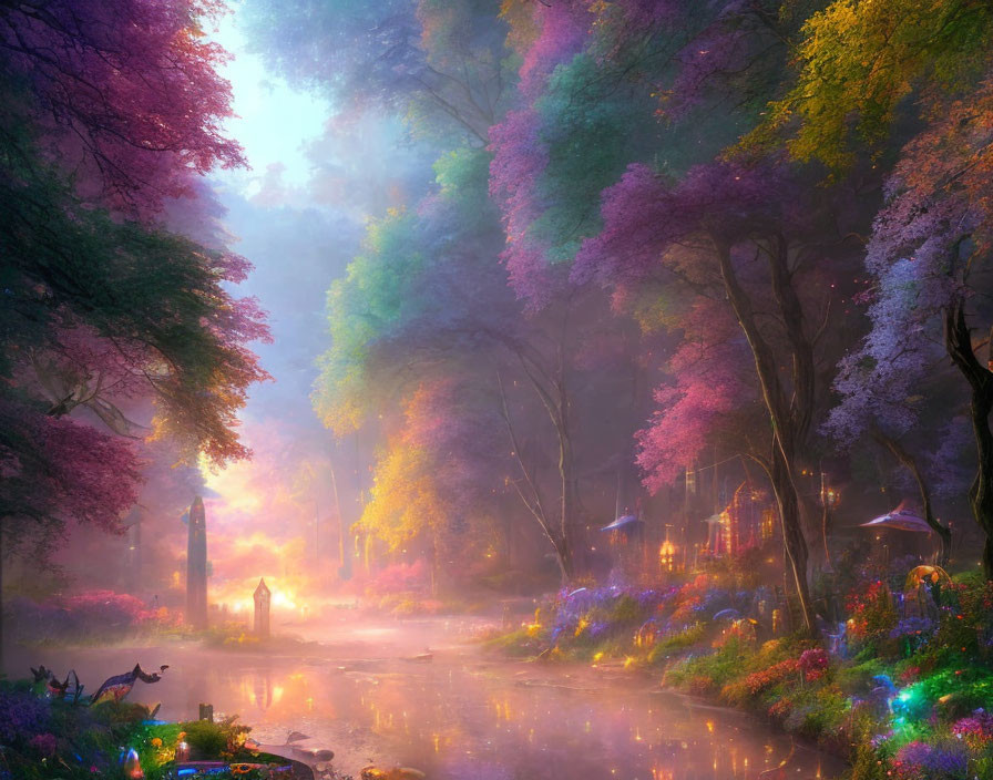 Enchanting forest scene with misty path and vibrant foliage