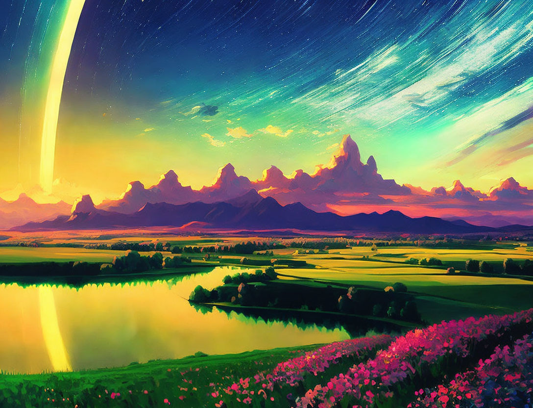 Digital Art: Scenic landscape with mountains, starry sky, comet, river, fields, and