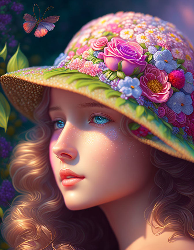 Young woman with blue eyes and floral hat in digital artwork