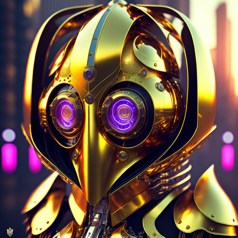 Intricate golden robot head with glowing purple eyes on cityscape at dusk