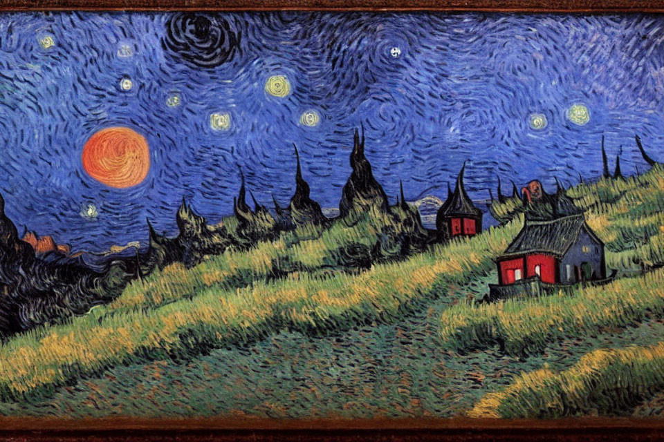 Night sky painting with crescent moon over glowing village landscape