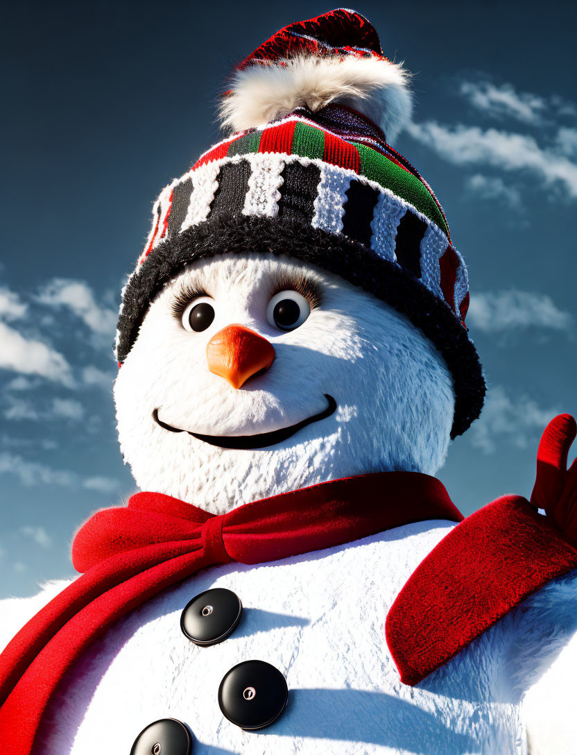 Colorful Snowman with Carrot Nose in Winter Scene