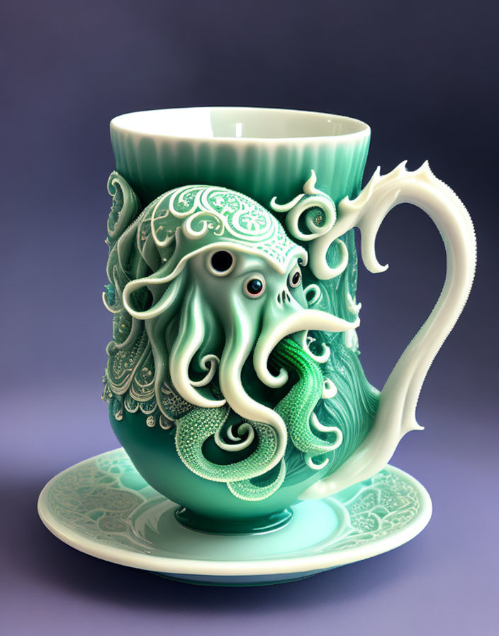 Turquoise Ceramic Octopus Mug on Matching Saucer - Purple Background