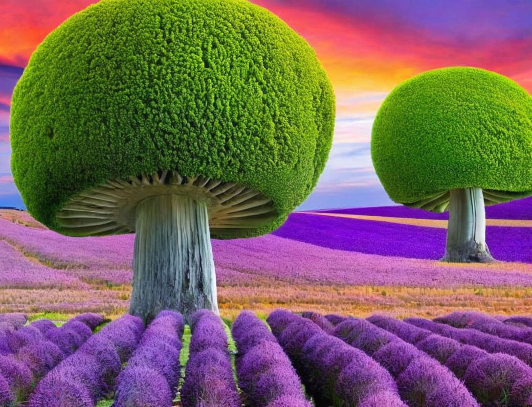 Surreal landscape: oversized mushrooms in lavender field under orange sky