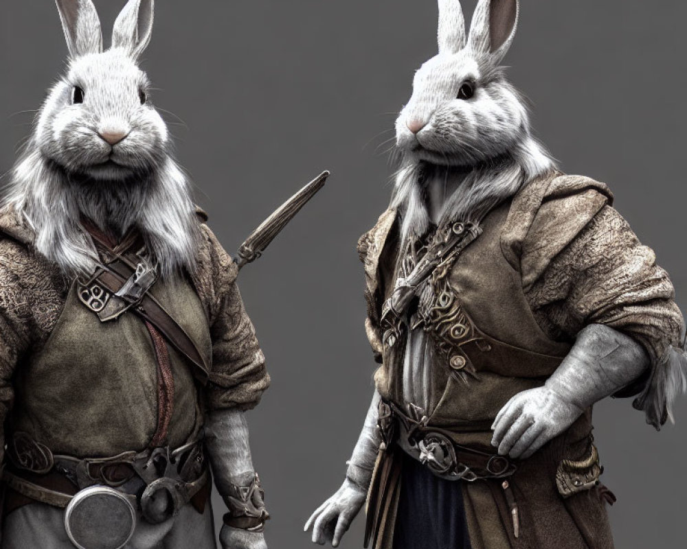 Medieval-themed anthropomorphic rabbits with sword in hand on grey background