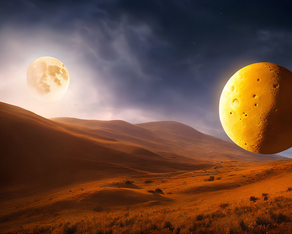 Moonlit surreal landscape with celestial body, rolling hills, and warm lighting