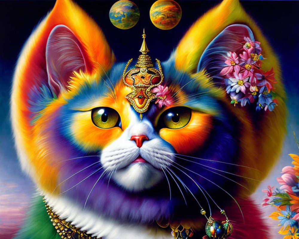 Colorful Cat with Expressive Eyes in Traditional Jewelry and Floral Planetary Background