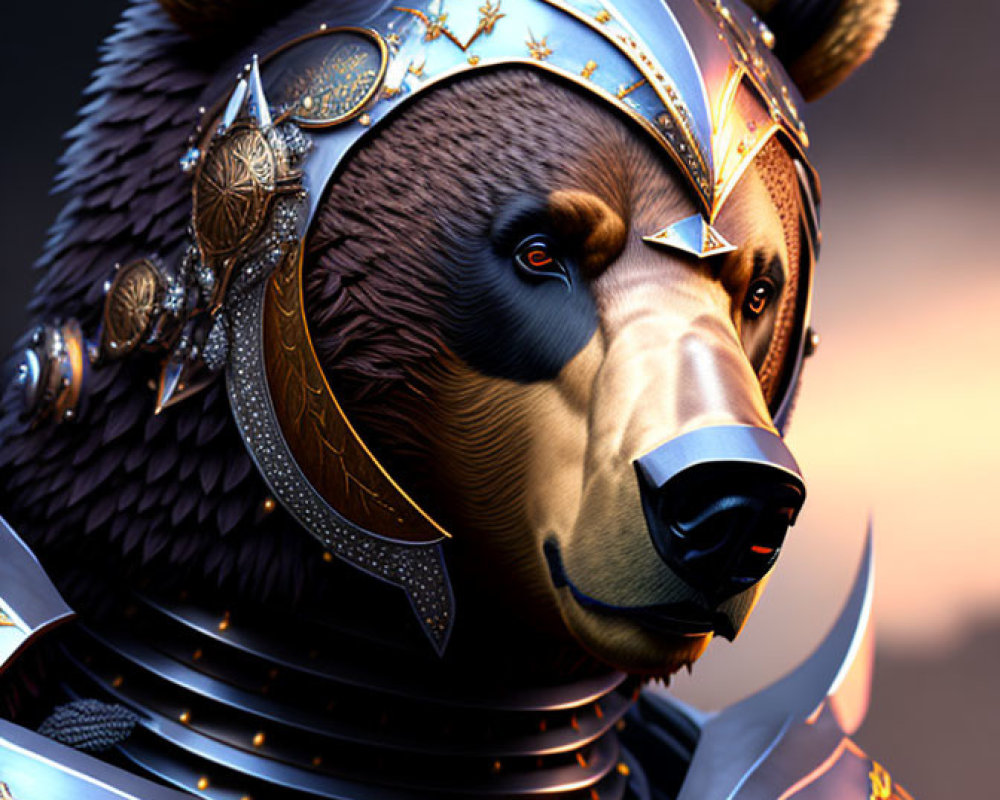 Detailed Digital Artwork: Bear Head in Medieval Armor