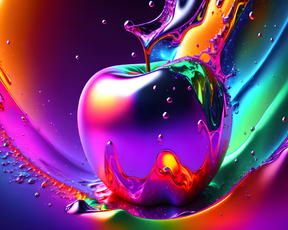 Colorful Abstract Image: Glossy Apple Surrounded by Rainbow Liquid Splashes