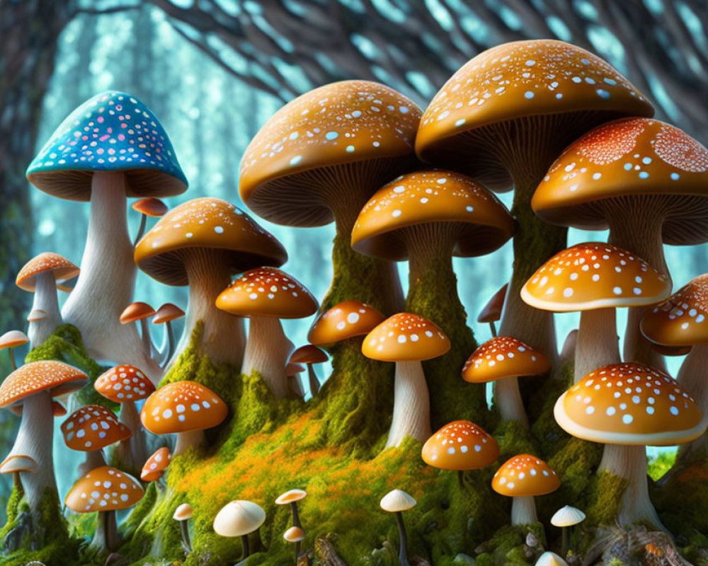 Whimsical oversized mushrooms in enchanted forest among moss-covered trees