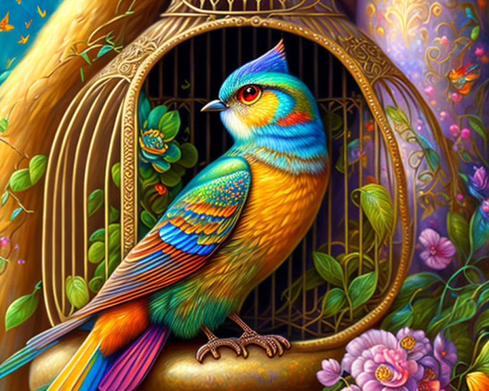 Colorful bird illustration perched near open cage in lush, fantastical flora