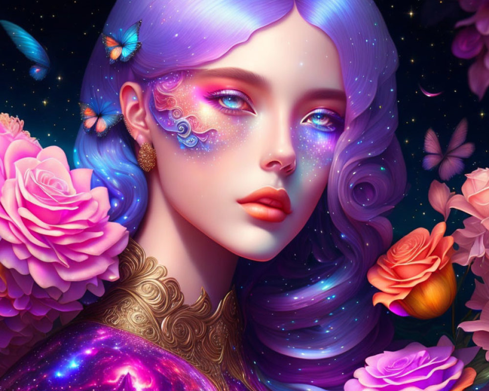 Vibrant digital portrait of woman with purple hair and cosmic makeup