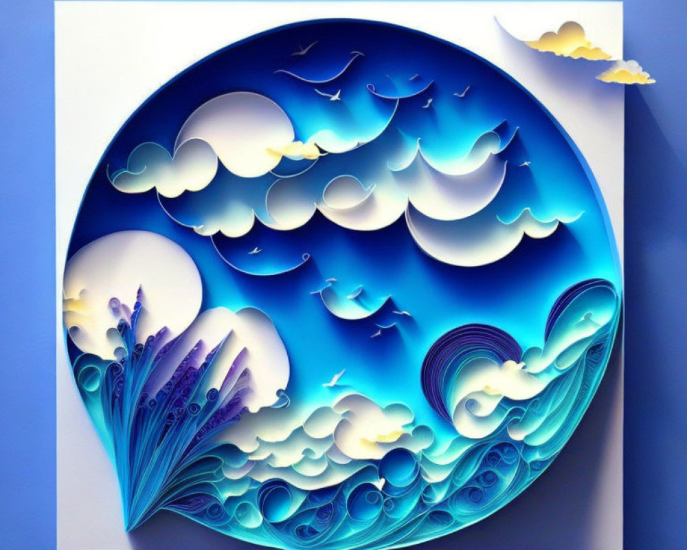 Layered Paper Art: Blue Ocean Waves in Circular Frame