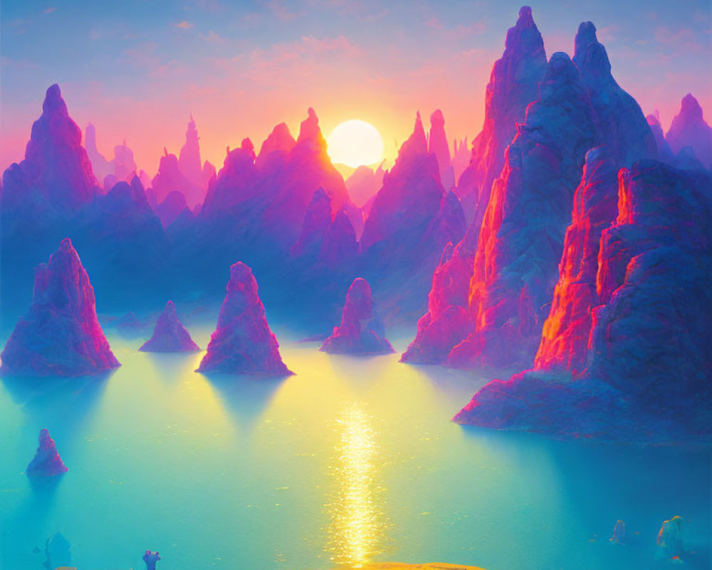 Colorful fantasy landscape with pointy rock formations over serene blue water under a sunset sky.