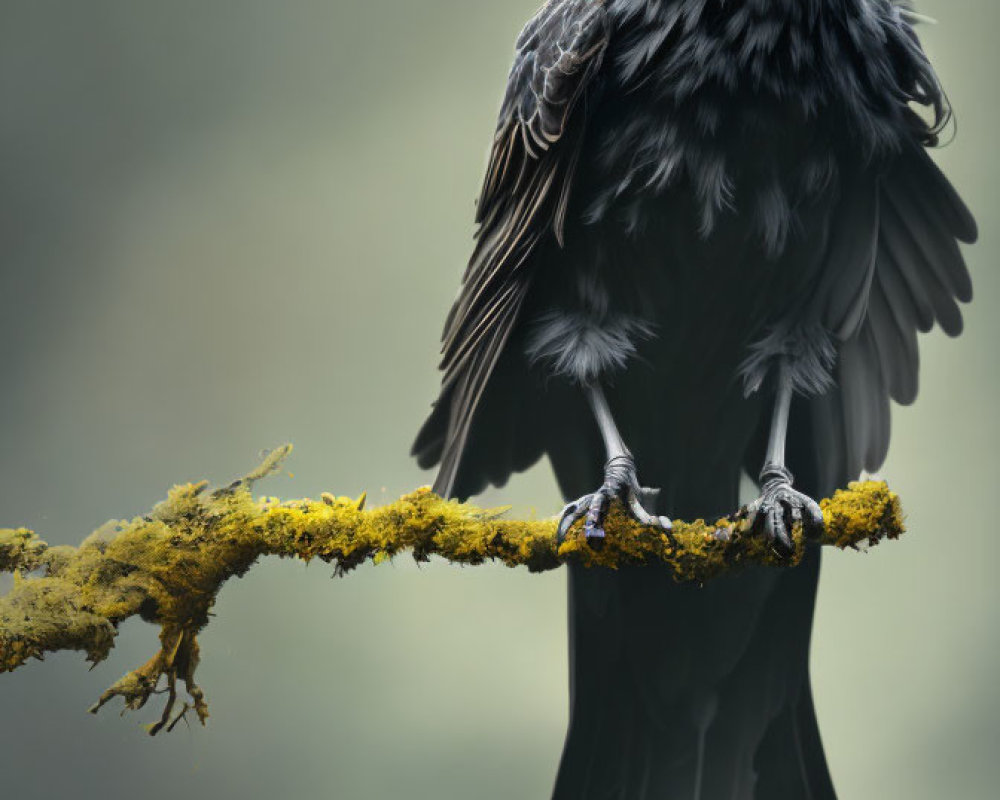 Black Bird Perched on Moss-Covered Branch with Attentive Gaze