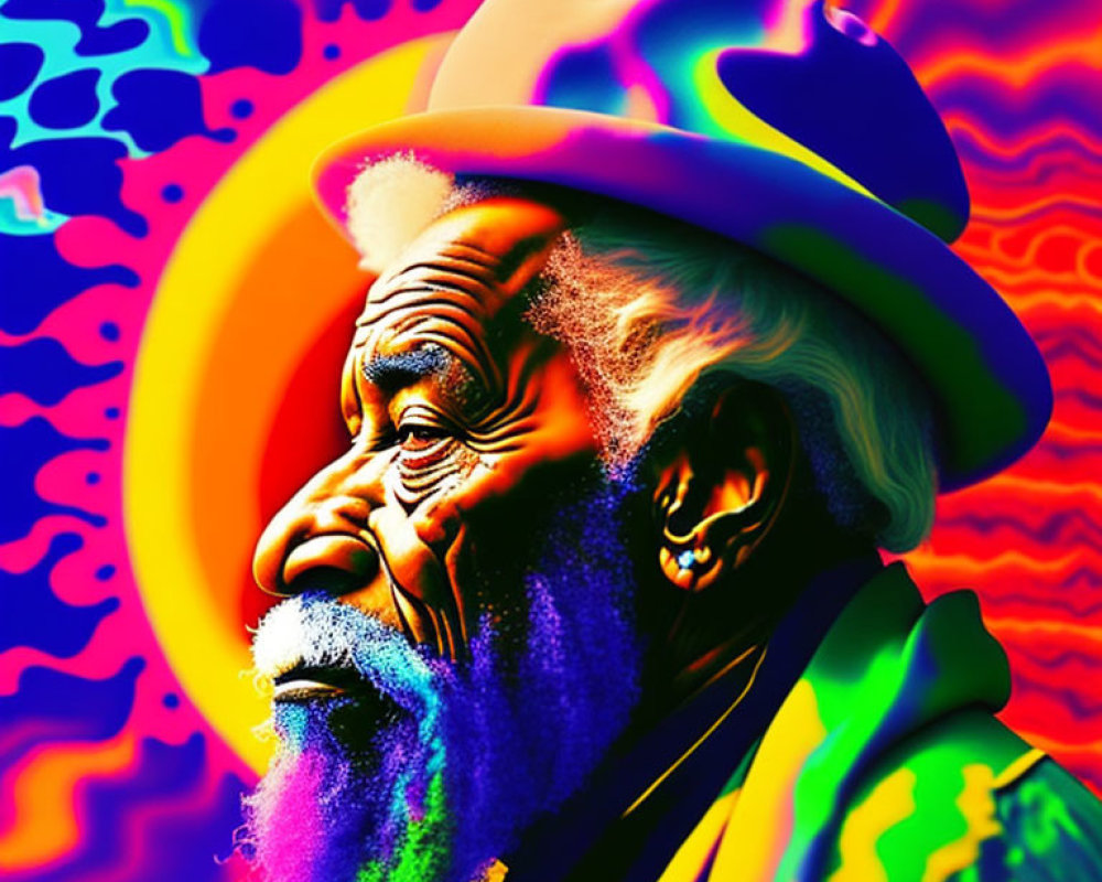 Colorful digital portrait of elderly man with beard and hat on psychedelic background.