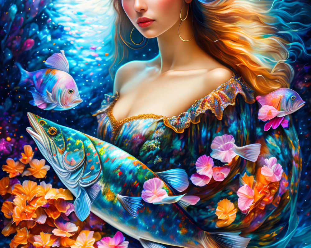 Colorful Woman with Flowing Hair Surrounded by Fish and Flowers