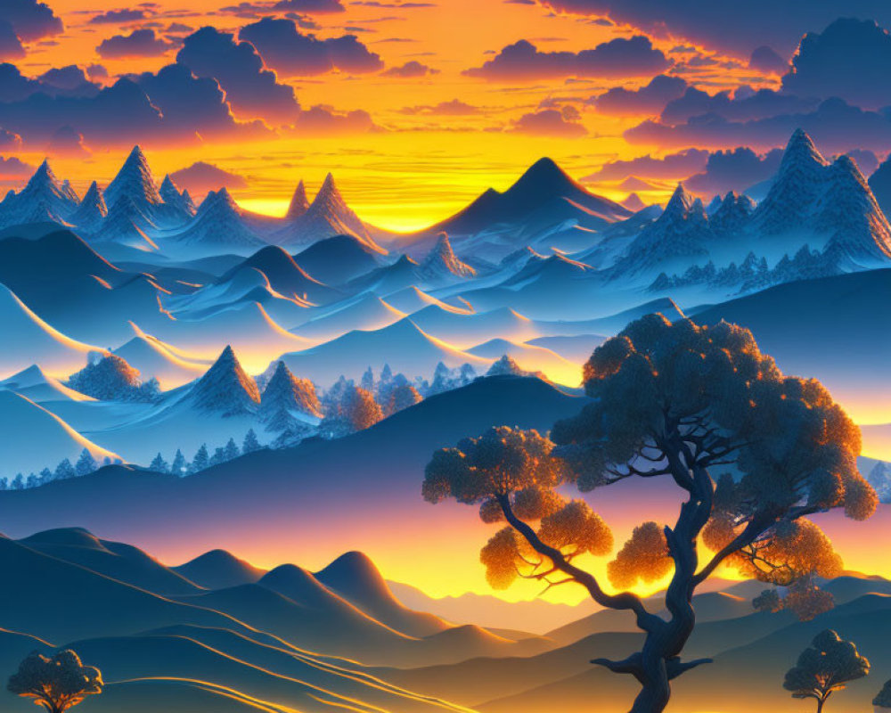 Surreal digital artwork of glowing landscape with mountains