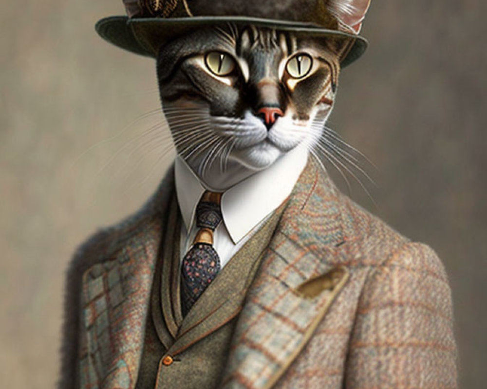 Cat in tweed suit with matching hat, tie, and brooch