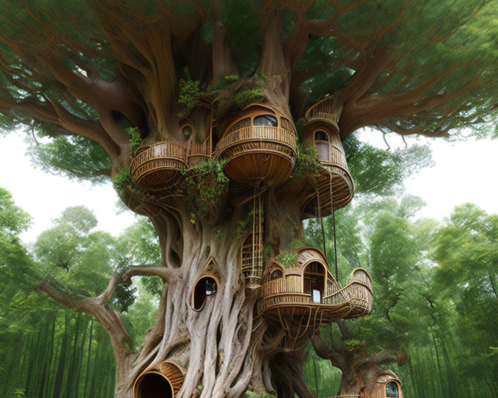 Enchanting treehouse with wooden cabins in ancient tree forest