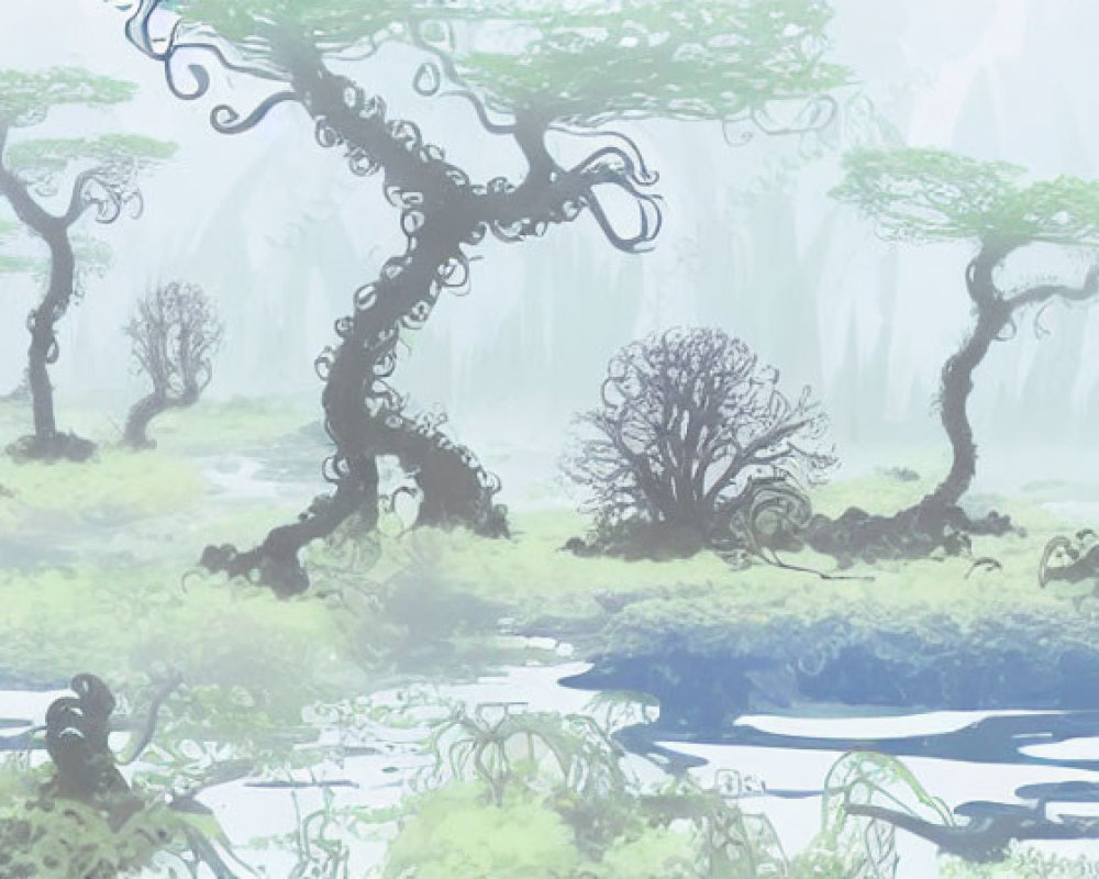 Mystical swamp with winding trees and foggy atmosphere