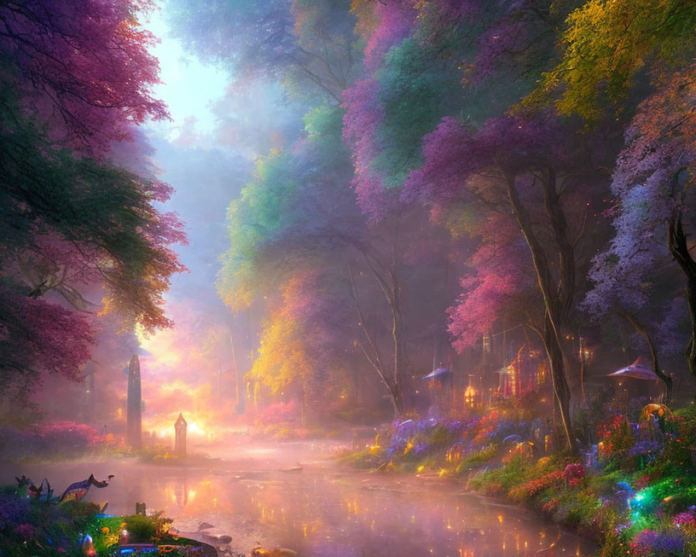 Enchanting forest scene with misty path and vibrant foliage