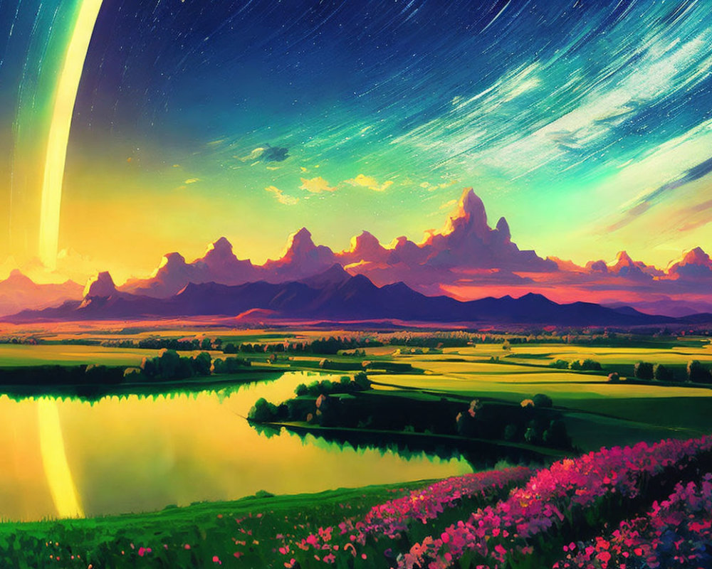 Digital Art: Scenic landscape with mountains, starry sky, comet, river, fields, and