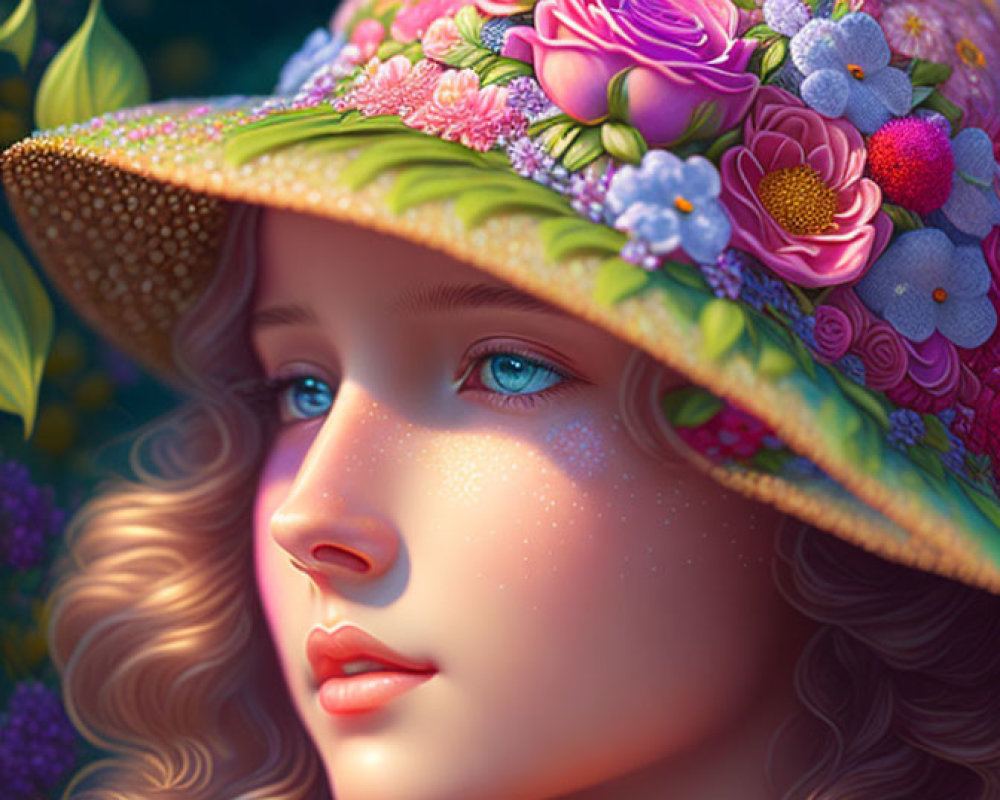 Young woman with blue eyes and floral hat in digital artwork