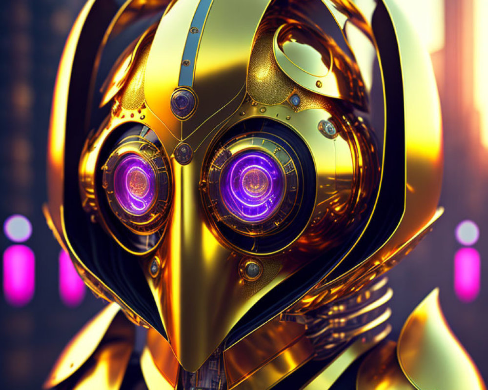 Intricate golden robot head with glowing purple eyes on cityscape at dusk