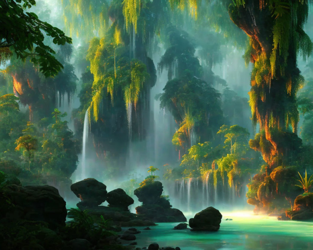 Tranquil forest scene with lush greenery, waterfalls, and sunlight rays