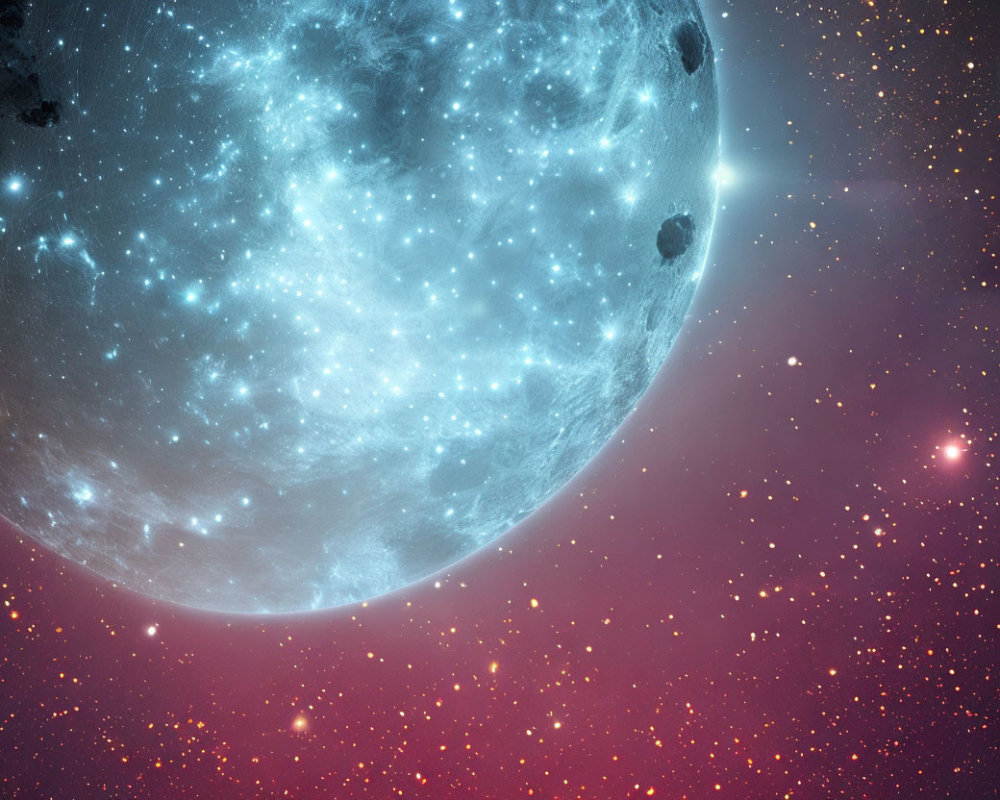 Cratered moon against blue and pink nebulae starscape